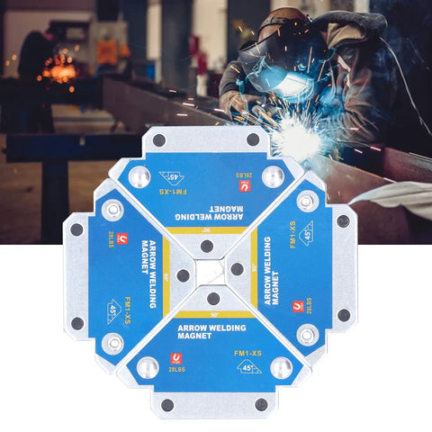 Pro Grade Magnetic Welding Support Kit With 4 Heavy Duty Weld Magnets 28 Pound Hold Arrow Style in use with welder
