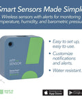 SensorPush HTP.xw blue wireless temperature and humidity sensor with green panel (front view).