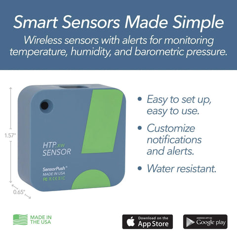 SensorPush HTP.xw blue wireless temperature and humidity sensor with green panel (front view).
