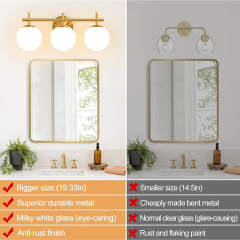 Next Level Three Light Bathroom Vanity Lights In Brushed Gold Finish With Milky White Glass Globe Shades Modern Wall Sconce Over Mirror above a stylish mirror.