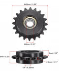 #25 Chain Idler Sprocket Featuring Single Bearing 20 Teeth Quarter Inch Pitch And 8mm Bore Black Oxide Steel Tensioner For Iso 04C Drives front view with dimensions.