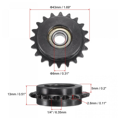 #25 Chain Idler Sprocket Featuring Single Bearing 20 Teeth Quarter Inch Pitch And 8mm Bore Black Oxide Steel Tensioner For Iso 04C Drives front view with dimensions.
