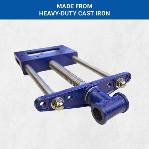 9 Inch Front Woodworking Vise With Guide Bars, Heavy Duty Cast Iron Body And Steel Main Screw, Blue Finish, front view angle