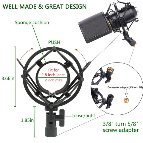 Mic Shock Mount With Pop Filter For 46mm To 51mm Condenser Microphones, Anti Vibration Suspension Clip, diagram showing dimensions.