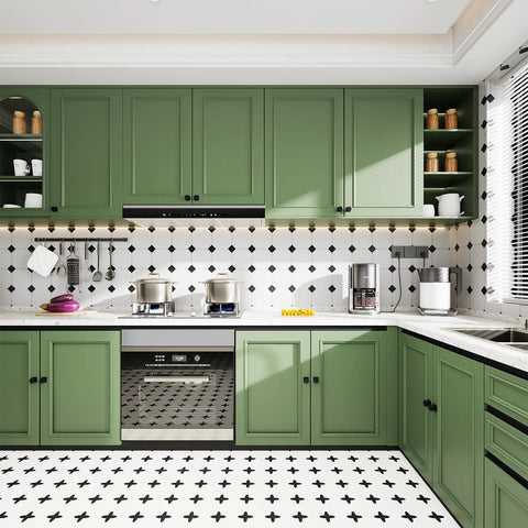 Green kitchen cabinets with 25 Pack Black Cabinet Knobs for Cabinets and Drawers, Square and Round Aluminum Alloy Dresser Drawer Knobs.