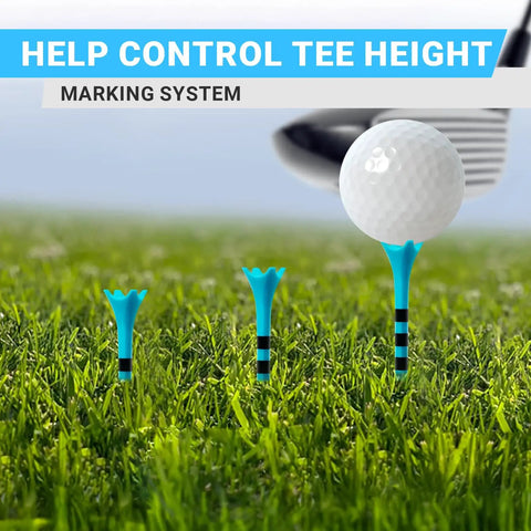 Golf ball on blue 3-1/4 inch plastic tee with extra thick body, oversized head; marked to help control tee height