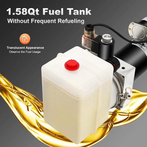 12V Dump Trailer Hydraulic Power Unit With 1.6 Quart Reservoir, Single Acting Pump, showcasing transparent fuel tank.