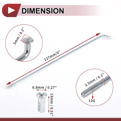 36 Piece 12G Bicycle Spokes Set, 127mm Length, 2.5mm Diameter, diagram with measurements and parts details, silver tone.