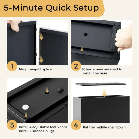 5-minute assembly guide for Tall Metal Planter With Middle Shelf And Span Divider For Outdoor Spaces Large Rectangular Planter Box 36W 11D 30H All Weather Galvanized Steel Black Easy 5 Minute Assembly Drainage Holes Adjustable Feet.
