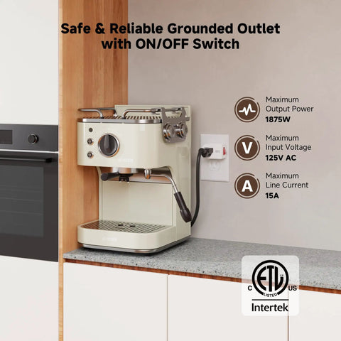 No Sweat Setup Real Deal Grounded Outlet Switch 3 Pack White Wall Power Control Toggle With Glowing Status Indicator Light For Quick Home Energy Savings And Total Peace Of Mind, showing an espresso machine plugged in.