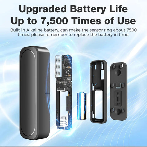 Wireless Door Chime When Doors Open For Home And Business Use, Easy Install Door Sensor Bell That Alerts When Entry Is Detected, Perfect For Toddlers And Seniors With Dementia, Customizable Tones And Several Volume Options, black sensor battery exploded view