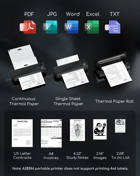 Continuous, single sheet, and roll paper options for Ultra Portable Wireless Thermal Printer For Travel And Home Office.