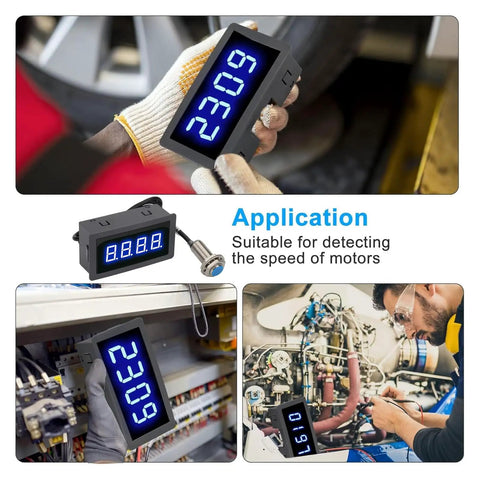 Digital Tachometer With Blue LED Display, 4 Digit RPM Speed Meter For Motors, Hall Proximity Switch NPN Sensor, 12 To 24V DC, High Accuracy 0.1 Percent, No Nonsense Readouts, Ideal For Conveyor Belts And Industrial Machinery in hand and machine use