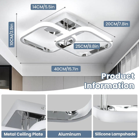 Square Modern LED Ceiling Light Fixture With Two Square Cross Design, 6000K Daylight Chrome Finish Indoor Ceiling Lighting
