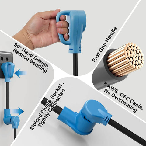 Nema 6-50P To 14-50R EV Charger Adapter Cord with fast grip handle and 90° head design for easy use.