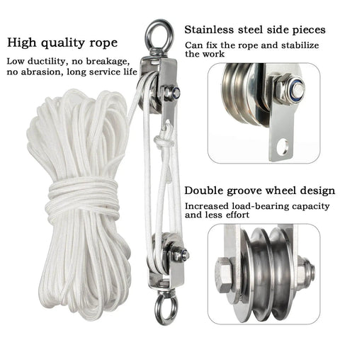 Heavy Duty Stainless Steel Snatch Block Pulley System With Double Grooves And Built In Bearings, 25m/8mm Rope, Tough As Nails For Lifting, Kayak Prep, Garage Projects, Winch, Hunting, And 1100lb Loading with rope and double-groove pulley