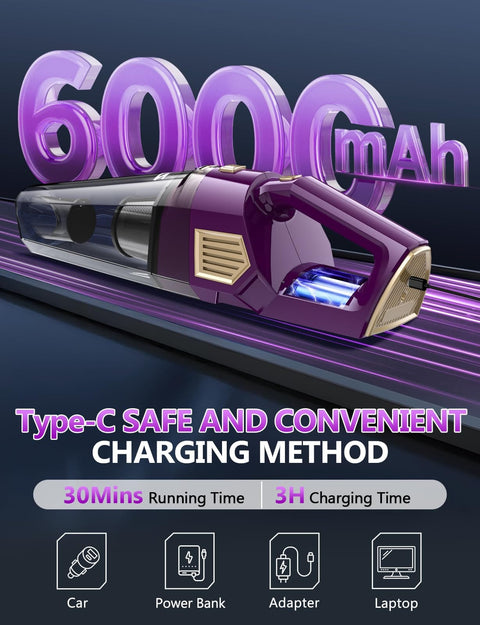 Cordless Handheld Vacuum With 15000Pa Suction, Rechargeable, Lightweight Design featuring Type-C charging and 6000mAh battery.