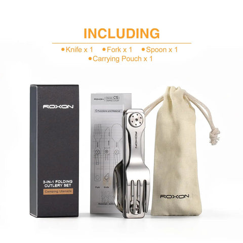 All In One Camping Utensils Set With Case Featuring Knife Spoon And Fork That Fold Magnetic For Easy Detachment And Storage