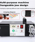 Heavy Duty Three In One Electric Terminal Crimping Machine With Foot Switch And Seven Dies For Stripping Cutting Copper Wire High Output Hella Easy To Use Reliable Build, showing control panel and changeable jaws.