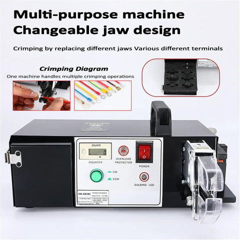 Heavy Duty Three In One Electric Terminal Crimping Machine With Foot Switch And Seven Dies For Stripping Cutting Copper Wire High Output Hella Easy To Use Reliable Build, showing control panel and changeable jaws.