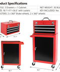 Hella Durable Three Drawer Rolling Tool Chest With Removable Top Box And Adjustable Cabinet Shelf Featuring Heavy Duty Door Hooks For Weekend Projects In Bold Red, dimensions shown.