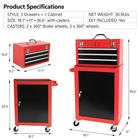 Hella Durable Three Drawer Rolling Tool Chest With Removable Top Box And Adjustable Cabinet Shelf Featuring Heavy Duty Door Hooks For Weekend Projects In Bold Red, dimensions shown.