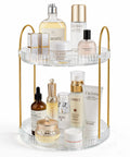 Two-tier 360 Degree Rotating Makeup Organizer with skincare and perfume on a lazy Susan style tray for bathroom counter or dresser