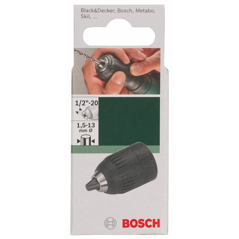 Heavy Duty Keyless Drill Chuck With 1.5 To 13 Mm Capacity And 1/2 Inch By 20 Threads in packaging, shows drill chuck for power drills.