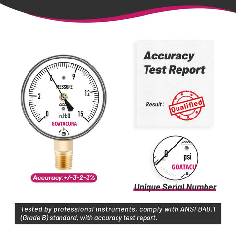 Low Pressure Diaphragm Type Gauge For Water And Air Systems, 0 To 15 Inches Of Water Range, with test report and serial number