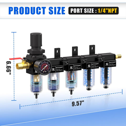 Diagram of One Quarter Inch NPT Five Stage Air Dryer For Air Compressors With Brass Filter, showcasing dimensions.