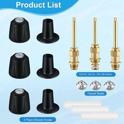 Matte Black Shower Knob 3 Piece Replacement Kit With Stems And Flange Base For 3 Handle Tub And Shower Faucets, Leak Fix