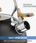 2.6 Quart Whistling Tea Kettle For Stovetop Black, Durable 304 Stainless Steel spout and ergonomic handle close-up