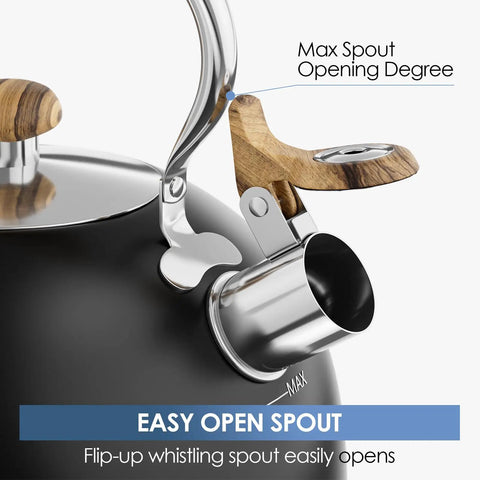 2.6 Quart Whistling Tea Kettle For Stovetop Black, Durable 304 Stainless Steel spout and ergonomic handle close-up