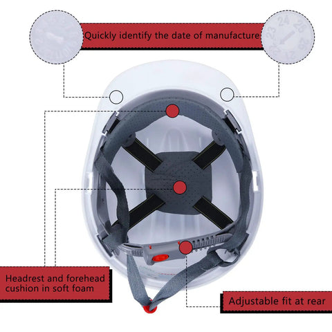 Inside view of 14 Pack White Hard Hats With 4 Point Suspension Adjustable Ratchet Fit Vents And Cotton Brow Pad ABS Construction Safety Helmets For Men Bulk Head Protection For Work At Height On Job Sites, showcasing suspension system and adjustment features.
