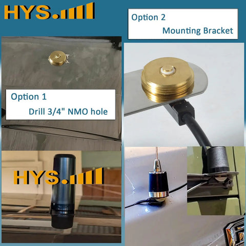 Rugged Vehicle Trunk Lid Hole Mount Antenna Bracket With Three Eighths Inch To Three Quarters Inch Hole Size Thirteen Foot RG58 Coax Cable NMO To PL259 Connector Drill To Mount Design For Amateur Radio Heavy Duty Mobile Setup, showing installation options and close-up of mounting components.