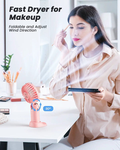 Woman using 3 In 1 Portable Personal Fan With 4000mAh Battery And LED Display Handheld Or Neck Or Desk Use 90 Degree Foldable Base