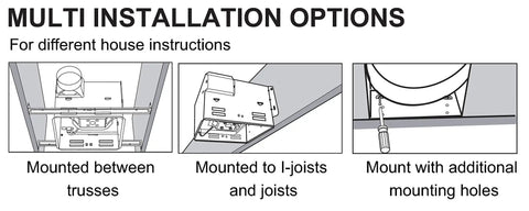 Installation diagram for Whisper Quiet 120 CFM Bathroom Exhaust Fan With 0.3 Sone Noise 2700K LED Light, shows mounting options.