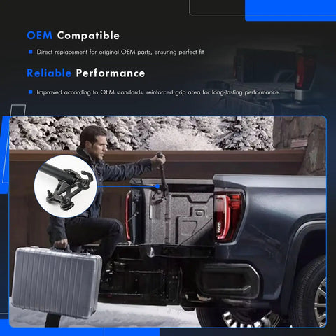 Hardcore Auxiliary Tailgate Step Handle Provides Sick Grip For Loaded Bed Climb Without Breaking A Sweat While Cruising Open Roads With Reinforced Mounting Brackets For Chevy Silverado And Gmc Sierra, showing man using step handle to climb.