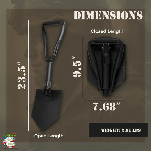 Rugged Folding Camping Shovel Set With ACU Pouch, open at 23.5 inches and folded at 9.5 inches, metal alloy construction for versatility.