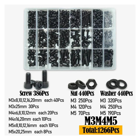 Heavy Duty 12.9 Grade Black Hex Socket Cap Screws Nuts Set M2.5 To M6 DIN912 2500Pcs Mixed Sizes High Strength Carbon Steel With Wear Resistant Black Finish Anti Rust And Anti Oxidation Includes Matching Nuts For Wide Assembly Use M3 M4 M5, organizer tray view