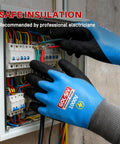 Heavy Hitter Insulated Work Gloves ASTM D120 Certified 1000V Electrical Safety Gear shown on hands working with electrical panel.