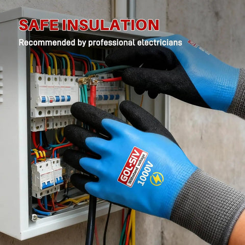 Heavy Hitter Insulated Work Gloves ASTM D120 Certified 1000V Electrical Safety Gear shown on hands working with electrical panel.
