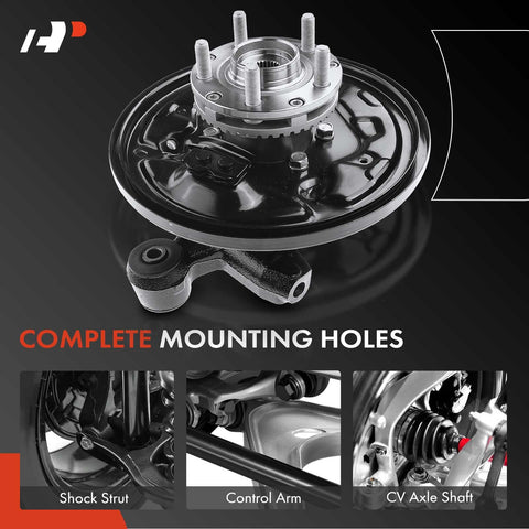 Rear Left Steering Knuckle And Wheel Bearing Hub Assembly For Subaru Forester 2001 To 2008 With Rear Drum Brakes Only Driver Side Direct Replacement Durable Easy Install For A Smooth Ride shown with complete mounting holes
