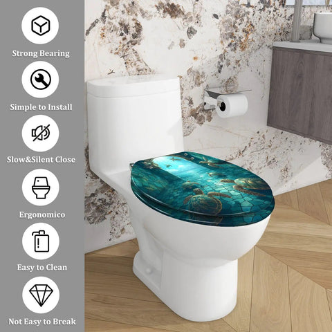 Elongated Resin Toilet Seat for Bathroom featuring aquatic design, 14.5" x 18.5" size, and easy installation on standard toilets.