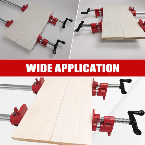 FLKQC 3/4 in wood gluing pipe clamps set; red cast-iron bodies with black handles, front/side/installed views.