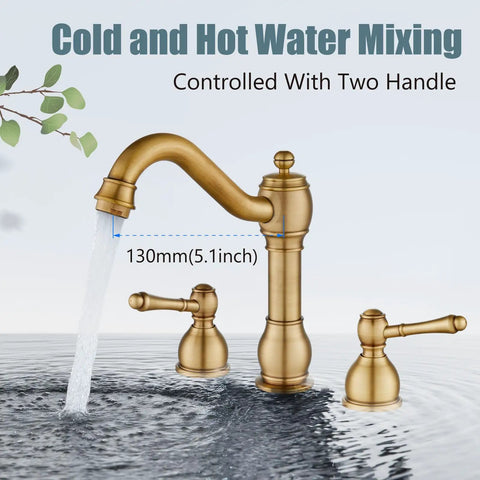 8 Inch Widespread Bathroom Sink Faucet With 3 Hole Deck Mount Vanity Mixer Tap Pop Up Drain Antique Brass Double Lever Handle