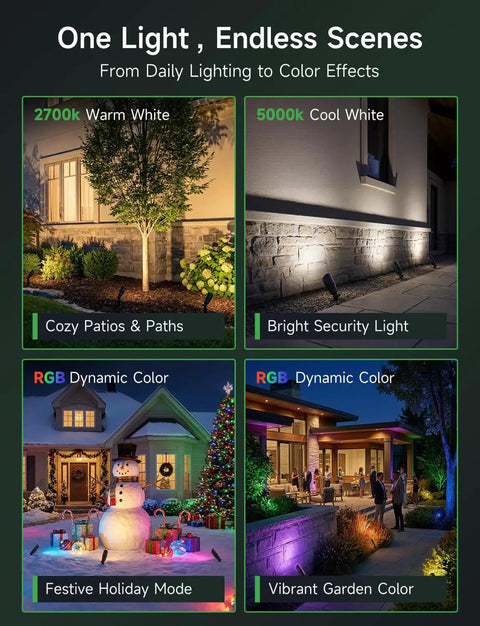 Smart RGBCW 12V Landscape Lighting Kit for trees and pathways with color effects, showcasing cozy and vibrant outdoor scenes.