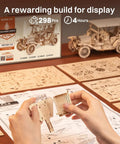 Hands assembling 3D Wooden Puzzle Car Kit For Adults And Teens One To Fifteen Scale Vintage 1910s Classic Car Model To Build At Home 298 Pieces Wood Craft Hobby Gift With Realistic Details And Collectible Finish For Car Lovers.