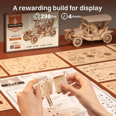Hands assembling 3D Wooden Puzzle Car Kit For Adults And Teens One To Fifteen Scale Vintage 1910s Classic Car Model To Build At Home 298 Pieces Wood Craft Hobby Gift With Realistic Details And Collectible Finish For Car Lovers.