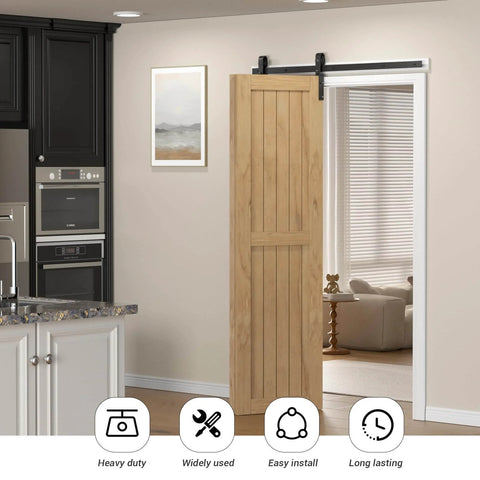 Beefy 3.5 Ft Bi Folding Sliding Barn Door Hardware Kit installed on doorway with wooden door panel, black finish